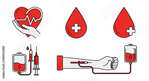 Blood donation medical icons and symbols set.