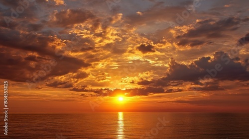 Golden sunset over the sea, radiant sky, clouds glowing, serene waters with sparkling reflections, peaceful horizon.