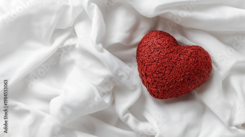 Red crocheted heart rests on crumpled white fabric with soft lighting, exuding warmth and romance.