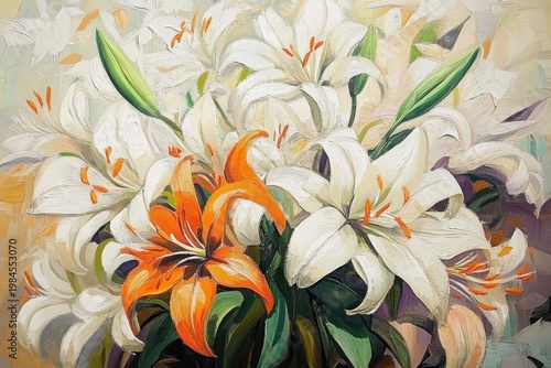 Stunning Lily Art: Abstract Oil Painting. A stunning painting capturing the essence of a bouquet of white- green- and orange lilies