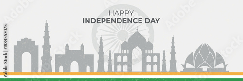 Patriotic banner for Independence Day with the Indian flag. Famous Indian monuments and landmarks.