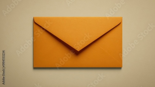 An orange envelope lies flat on a light beige background with a clear V-shaped flap and subtle paper texture, simple and