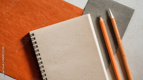 Beige spiral notebook leans on orange and gray fabric with two wooden pencils nearby, one sharpened, one dull.