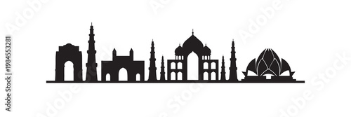 Black silhouette of famous Indian landmarks including traditional architecture elements, Indian Independence Day concept, minimalistic cityscape illustration isolated on white background.