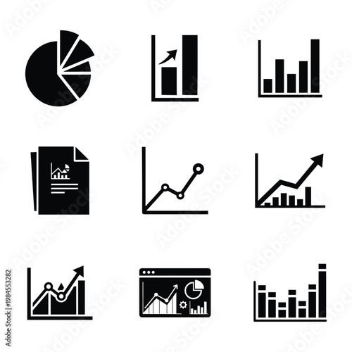 Set of Business Data Analytics Icons Featuring Growth Charts, Pie Graphs, and Financial Statistics Infographics