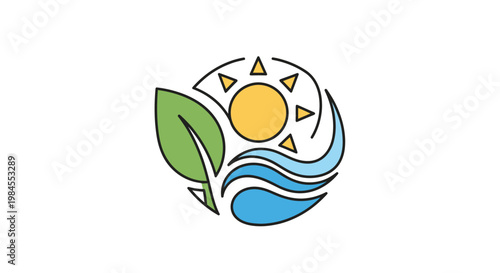 A circular emblem portraying nature's harmony with sun, water, and foliage elements