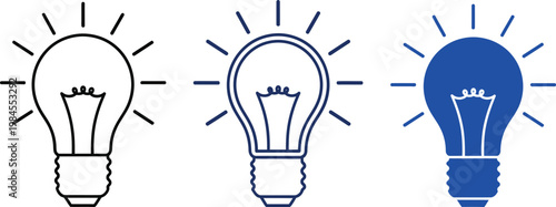 Three light bulbs a progression from outline to solid blue