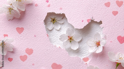 Pink background with small hearts, central heart-shaped hole revealing white cherry blossoms with yellow stamens.