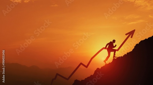 Silhouette climbing cliff at sunset, running up arrow staircase, symbolizing struggle, growth, triumph.