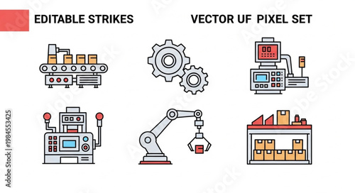 Industrial automation icons set for manufacturing and production processes.