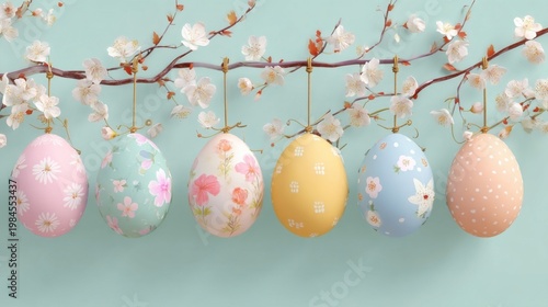 Six pastel colored eggs hang under blooming white flowers, decorated with floral and polka dot patterns, fresh mint gree