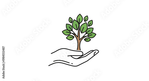 Minimalist Hand Holding a Growing Tree: Environmental Preservation and Sustainability Concept