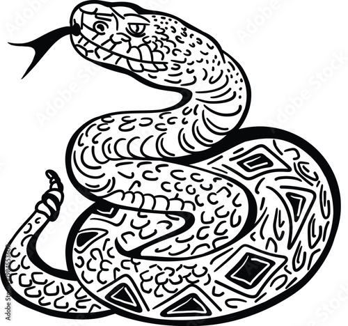 Vector black illustration of rattlesnake for tattoo outline or coloring book