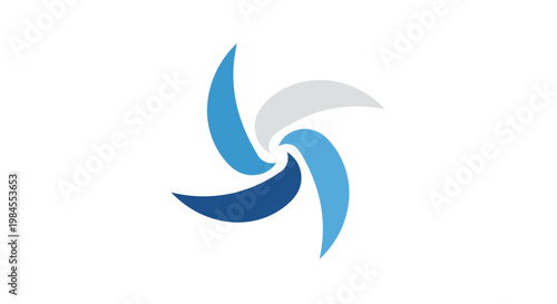 Abstract design with swirling shapes in shades of blue and white on a clean white background