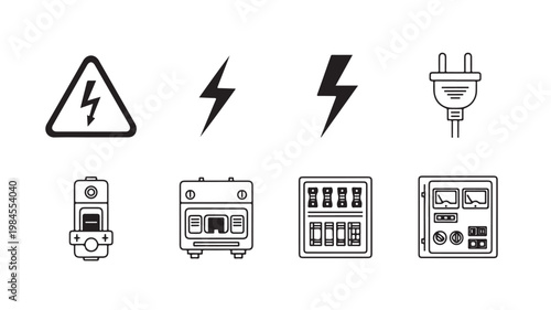 Electrical Infrastructure Icons Featuring Control Panels, Circuit Breakers, and Industrial Energy Symbols
