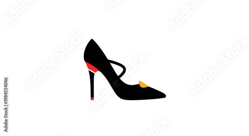 Elegant Black High Heel Shoe with Red and Yellow Accents, Isolated on White Background
