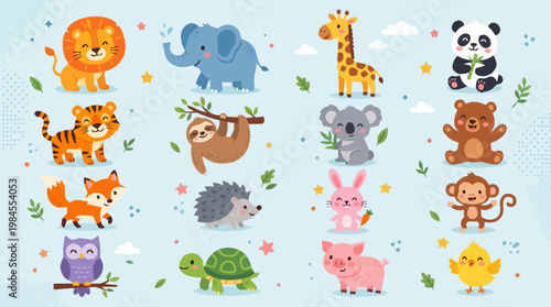 Collection of Adorable Cartoon Animals Including Lions, Elephants, Giraffes, Pandas, Tigers, Sloths, Koalas, and Bears, Perfect for Children's Themes and Designs