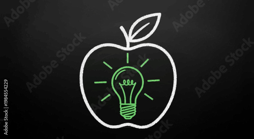 Chalkboard illustration of an apple with a lightbulb symbolizes education and creativity