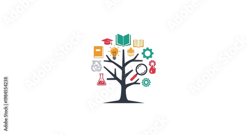 Conceptual illustration depicting knowledge, education, and innovation with a tree motif design