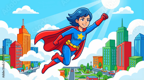 Super hero woman flying over a city, symbolizing freedom, success, and determination