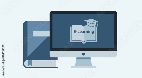 Conceptual representation of online education via computer monitor and physical book for learning
