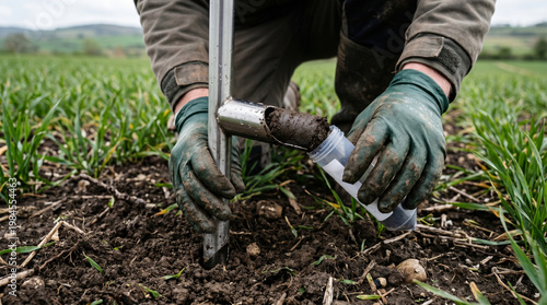 Close-up of hands of agronomist or ecologist collecting soil samples in agricultural field for laboratory analysis, concept of soil quality control, sustainable agriculture and environmental research