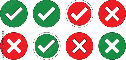 A collection of green check marks and red cross symbols displayed in various circular forms