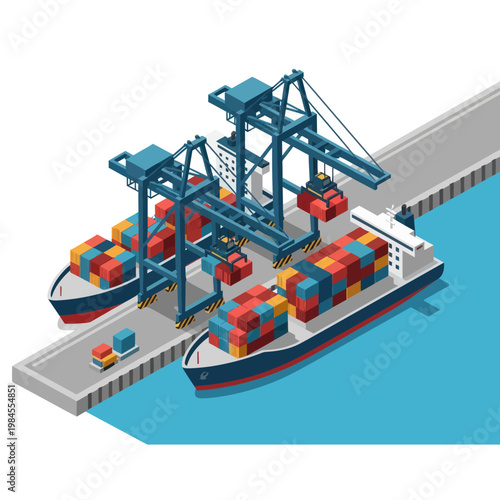 Container Ships Unloading at Port with Cranes and Cargo.