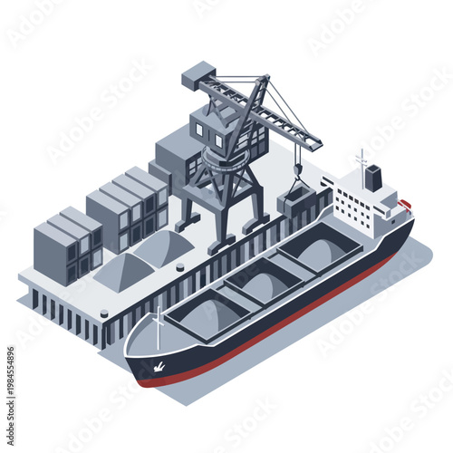 Isometric View of Cargo Ship Loading at Port with Crane.