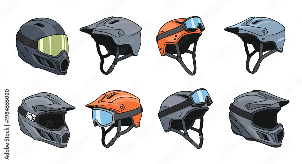 Naklejka premium Extensive collection of various sports helmets for cycling and motocross with goggles in different colors and modern designs.