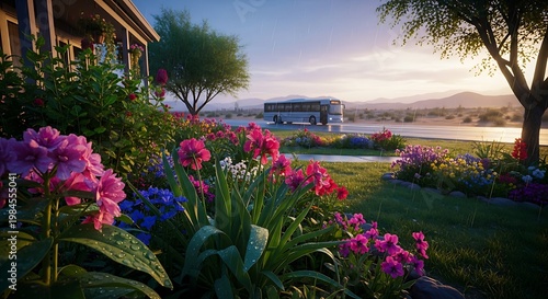 A vibrant garden full of flowers leads to a road where a bus travels in the hazy distance with the sun setting