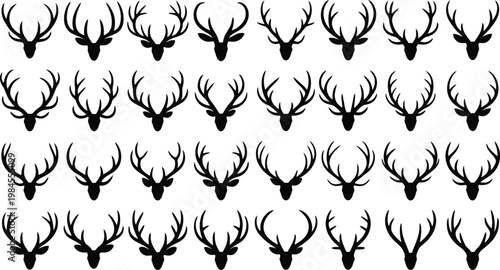 A collection of identical black deer head silhouettes with impressive antlers arranged neatly on a white background
