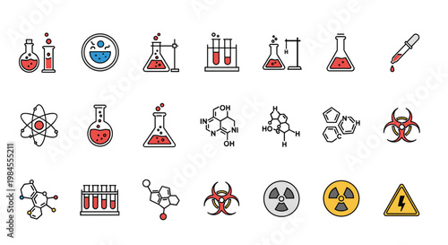 Scientific laboratory icons set featuring flasks, test tubes, chemical formulas, and hazardous material warning signs.