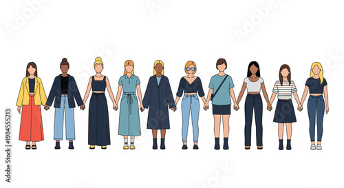 Row of diverse women standing together and holding hands to symbolize female empowerment, unity, and friendship.