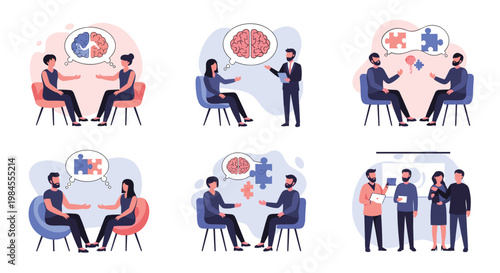 Series of mental health therapy scenes showing psychologists and patients discussing emotional problems and solutions.