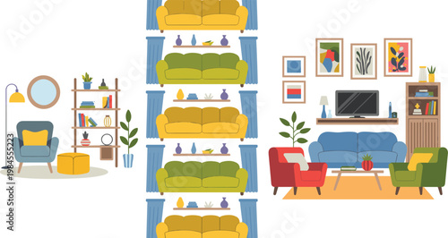 Modern Living Room Interior Furniture Vector Set Featuring Comfortable Sofas Armchairs Bookshelves And Decorative Home Decor Elements For Design
