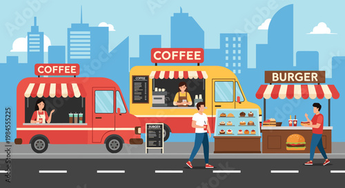 Vibrant urban street scene with colorful food trucks and kiosks selling burgers and coffee to city pedestrians.