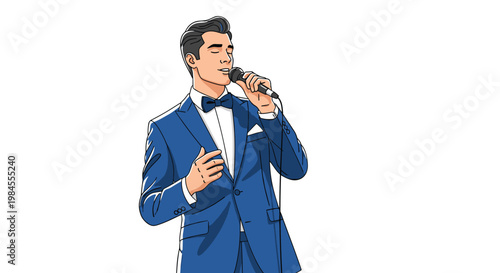 Elegant male singer wearing a blue tuxedo and bow tie performing a song with a microphone in a confident pose.