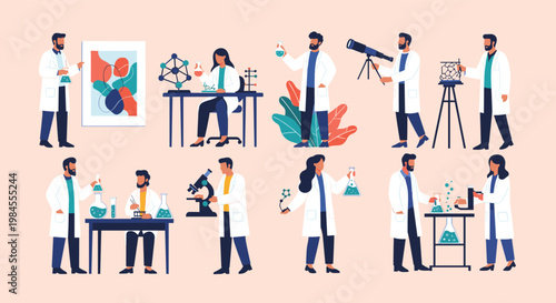 Groups of scientists and laboratory technicians performing various experiments and research tasks in a modern facility.