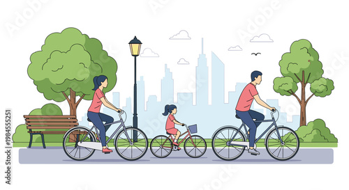Family of three riding bicycles together along a park path with green trees and a city skyline in the background.