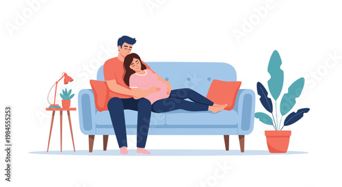 Affectionate man and pregnant woman sitting on a comfortable blue sofa in a cozy home living room environment.