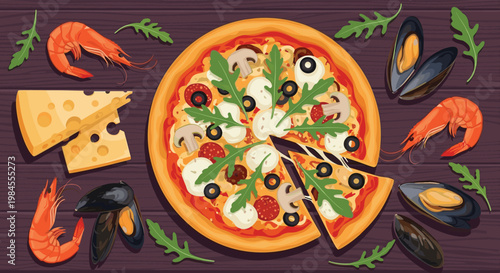 Delicious seafood pizza topped with shrimp, mussels, olives, cheese, and fresh arugula leaves on a dark wooden table.