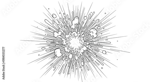 Explosive black and white line art splash with dynamic droplets and radiating rays for impact or action effects.
