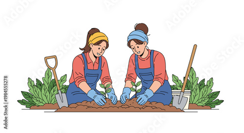 Two cheerful women working in a lush garden and planting green seedlings into the soil together on a sunny day.