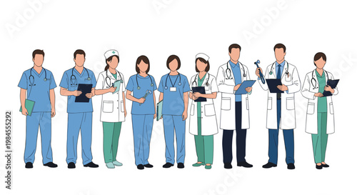 Group of diverse healthcare professionals including doctors and nurses in various medical uniforms and lab coats.