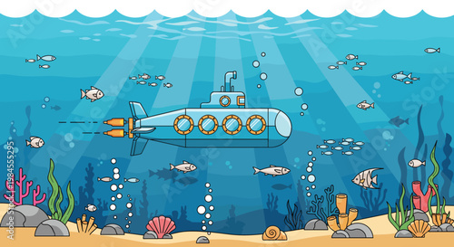 Deep sea underwater landscape with a blue submarine, coral reefs, seaweed, and many diverse fish species swimming.