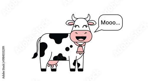 Cheerful black and white spotted cartoon cow with a pink cowbell standing and saying Mooo in a speech bubble icon.