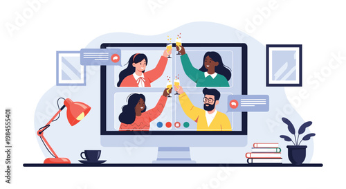 Group of diverse friends having a virtual celebration via video conference on a computer screen for a remote party or toast.