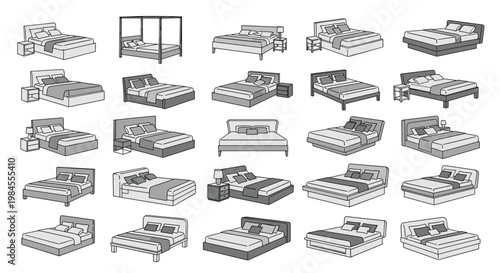 Comprehensive set of various bed frame and mattress designs in isometric view for bedroom interior planning and furniture catalog.