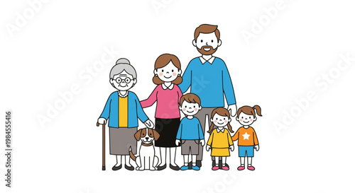 Happy multi-generational family including grandparents, parents, children, and their pet dog standing together for a group portrait.